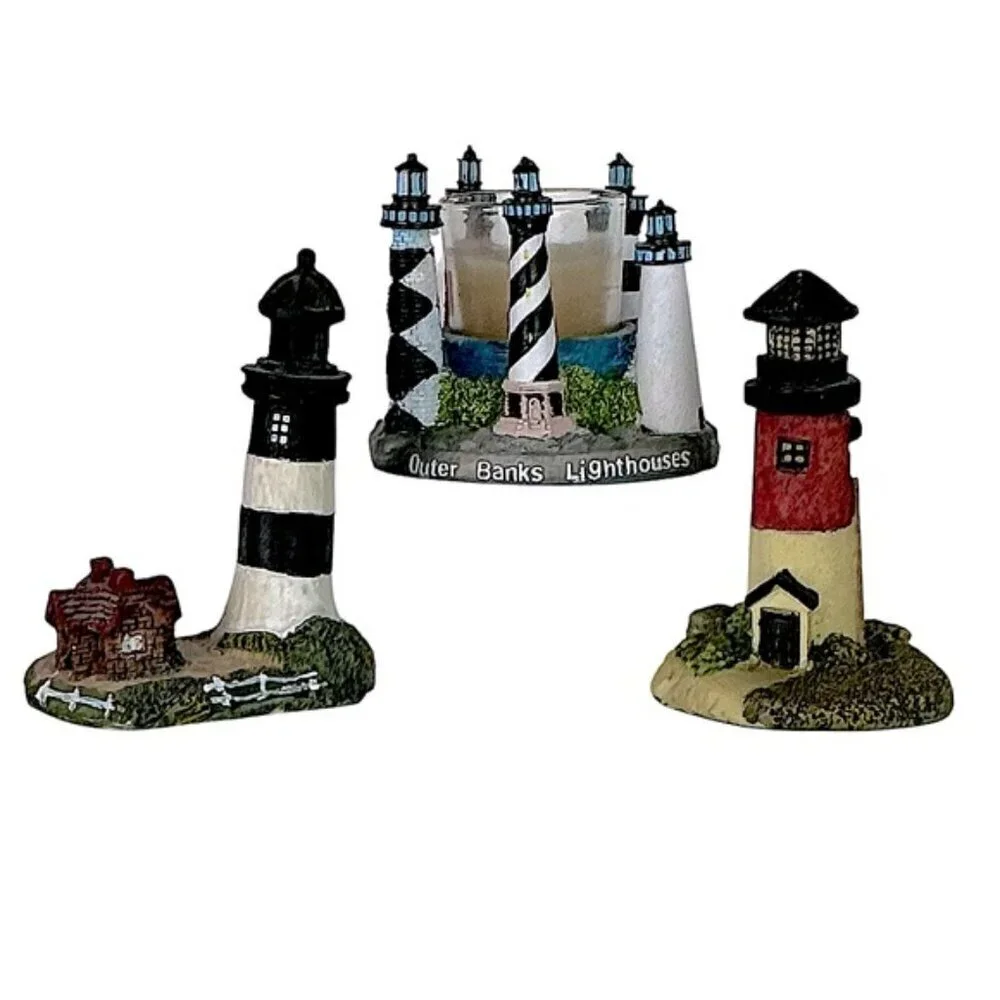 Lighthouse Candle Holder Figurines Outer Banks Nautical Collectible Vintage 3 PC